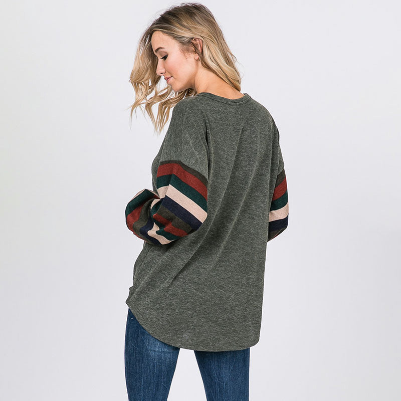 Aine Stripe Sleeve Top Khaki - The Casual Company