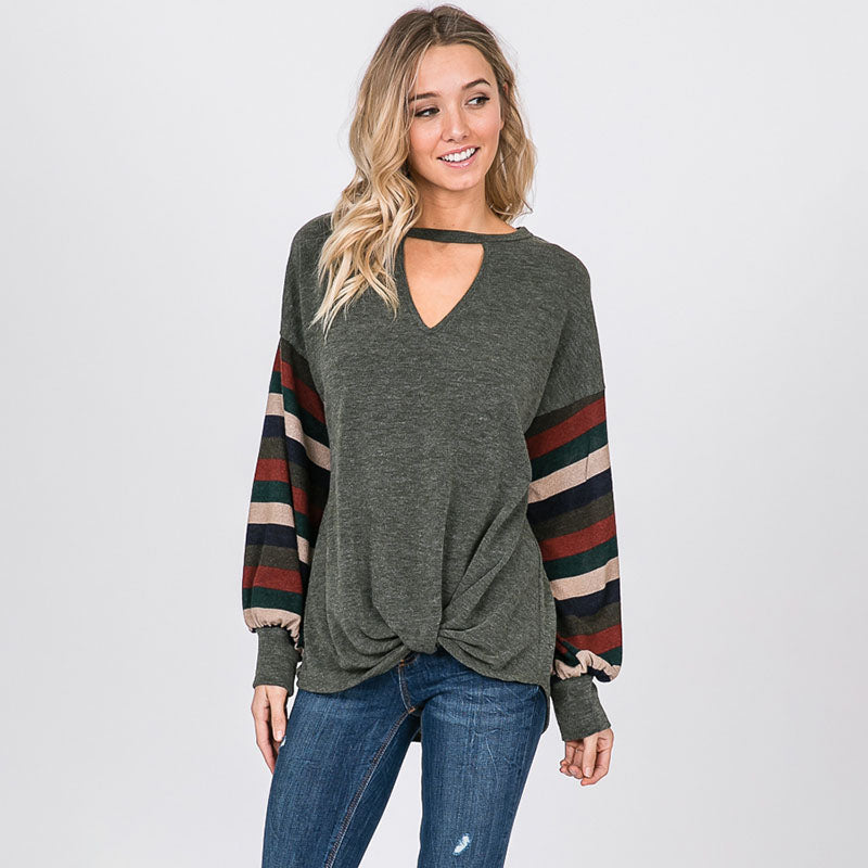 Aine Stripe Sleeve Top Khaki - The Casual Company
