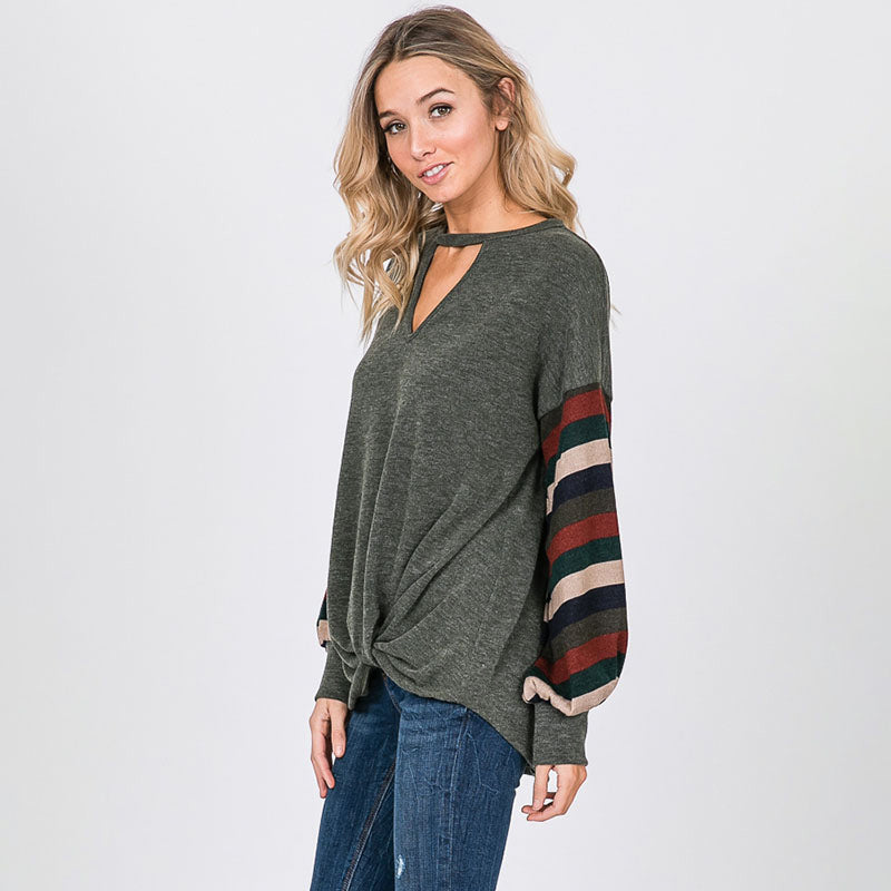 Aine Stripe Sleeve Top Khaki - The Casual Company