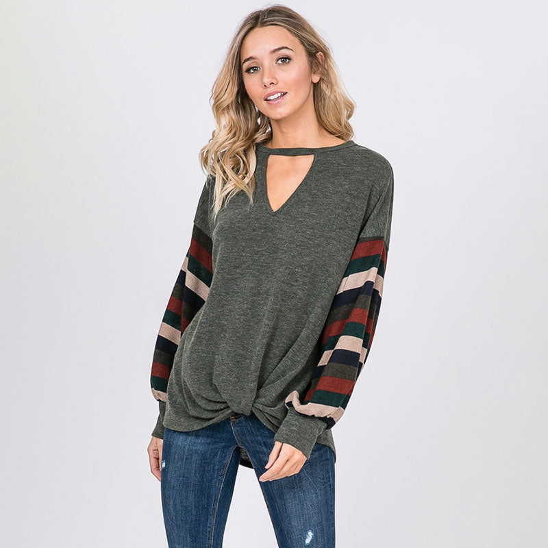 Aine Stripe Sleeve Top Khaki - The Casual Company