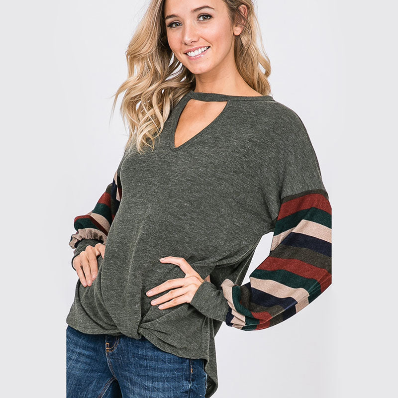 Aine Stripe Sleeve Top Khaki - The Casual Company