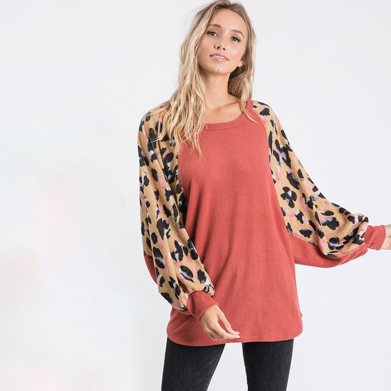 Anna Leopard Sleeve Oversized Top Mauve - The Casual Company