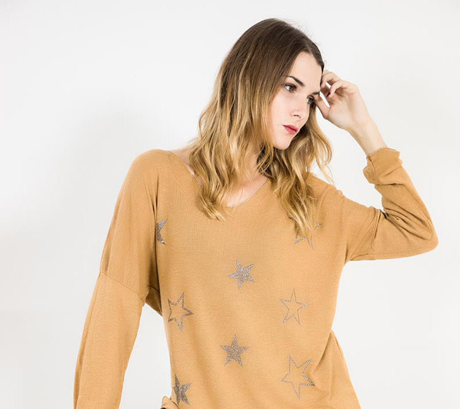 Star V Neck Jumper Mustard