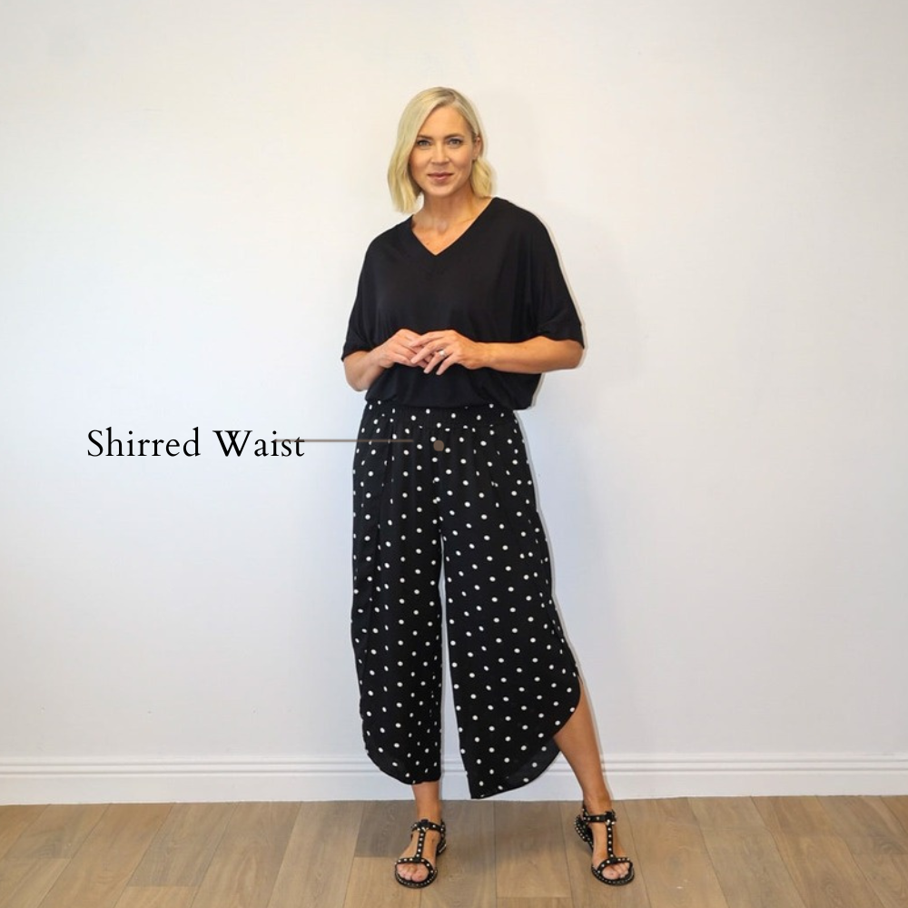 Sasha Wide Leg Pants (Black Polka Dot) - Shirred Waist