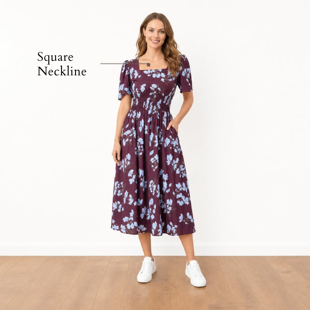 Iris Dress Berry Blue Flower - Square Neckline