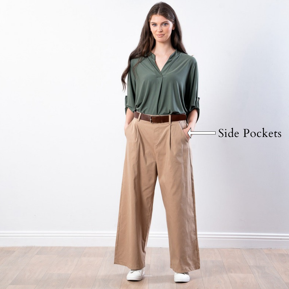 Nora Wide Leg Trousers (Sand) - Side Pockets