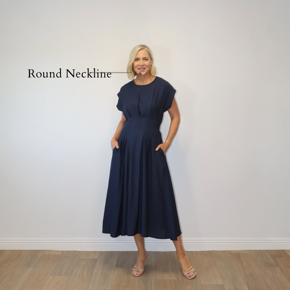 Elise Pleated Midi Dress (Navy) - Round Neckline