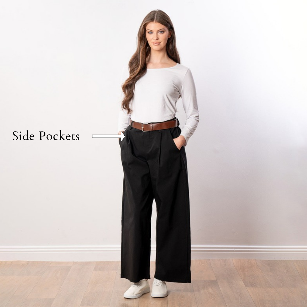 Nora Wide Leg Trousers (Black) - Side Pockets