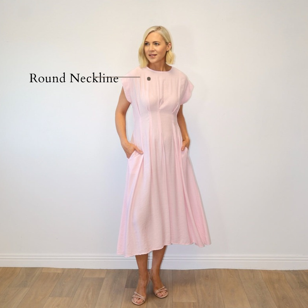 Elise Pleated Midi Dress (Pink) - Round Neckline