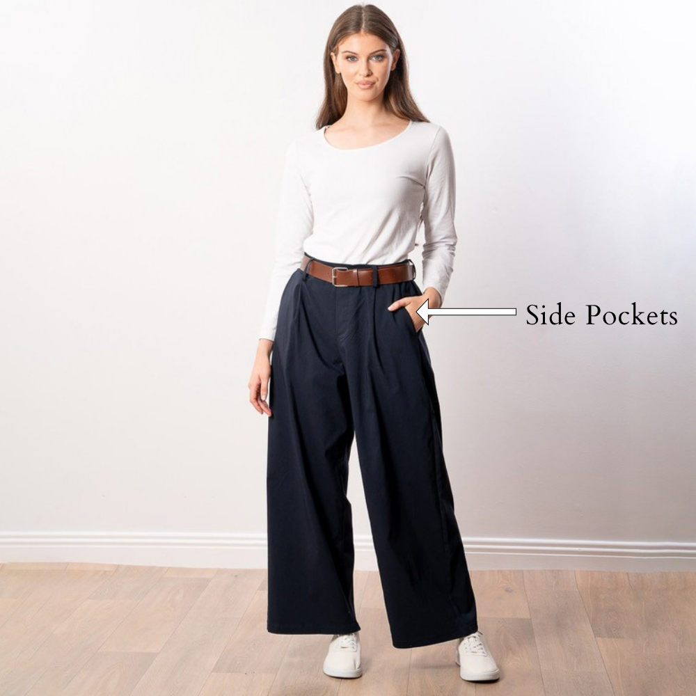 Nora Wide Leg Trousers (Navy) - Side Pockets