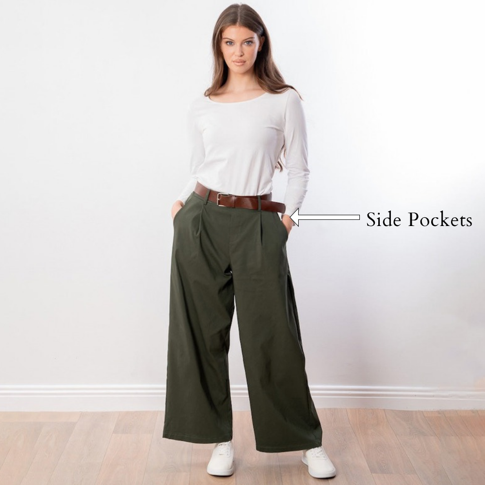 Nora Wide Leg Trousers (Khaki) - Side Pockets
