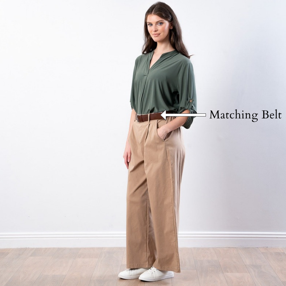 Nora Wide Leg Trousers (Sand) - Matching Belt