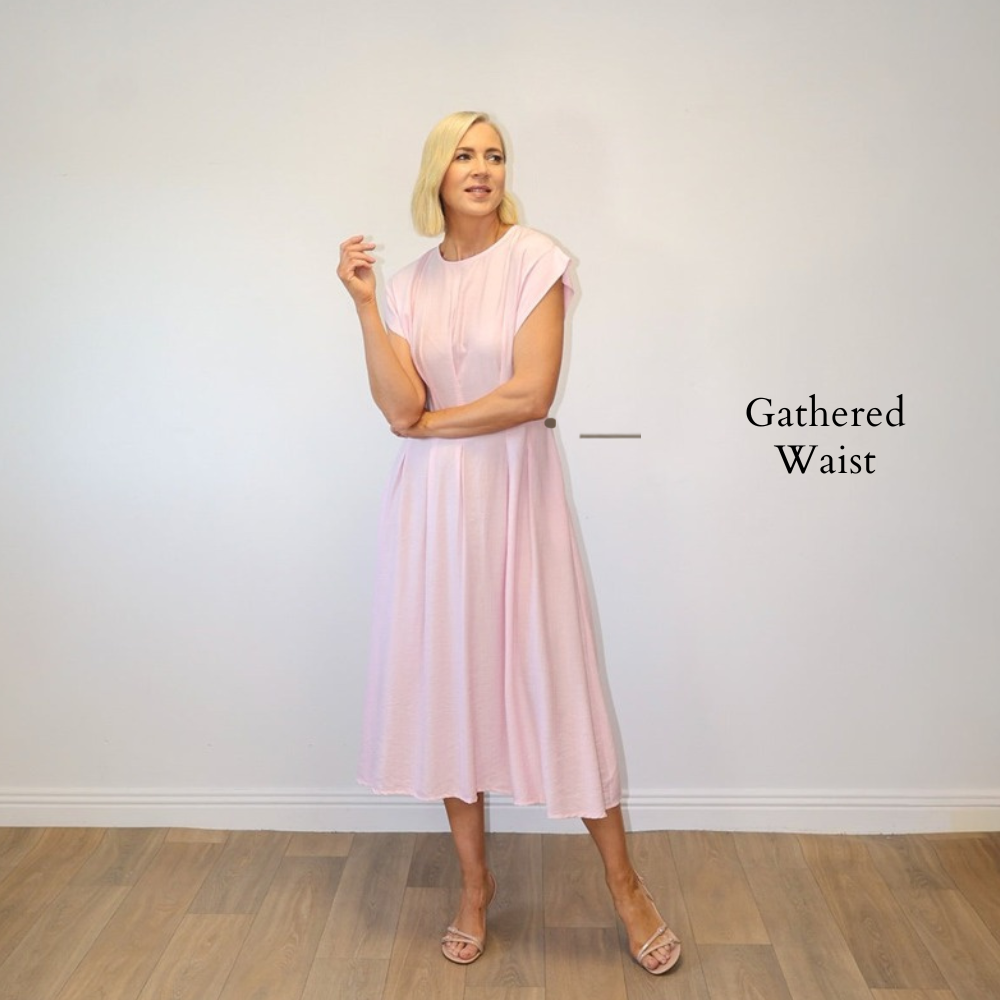 Elise Pleated Midi Dress (Pink) - Gathered Waist