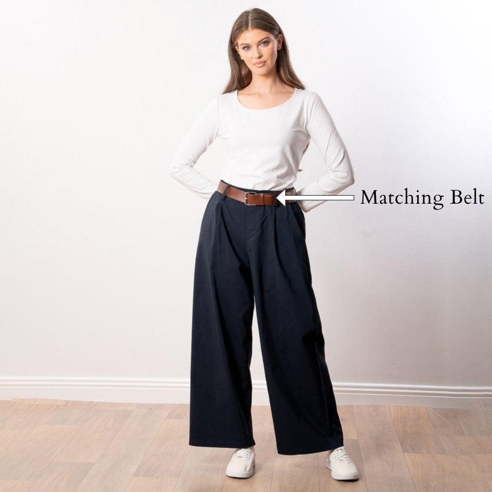 Nora Wide Leg Trousers (Navy) - Matching Belt