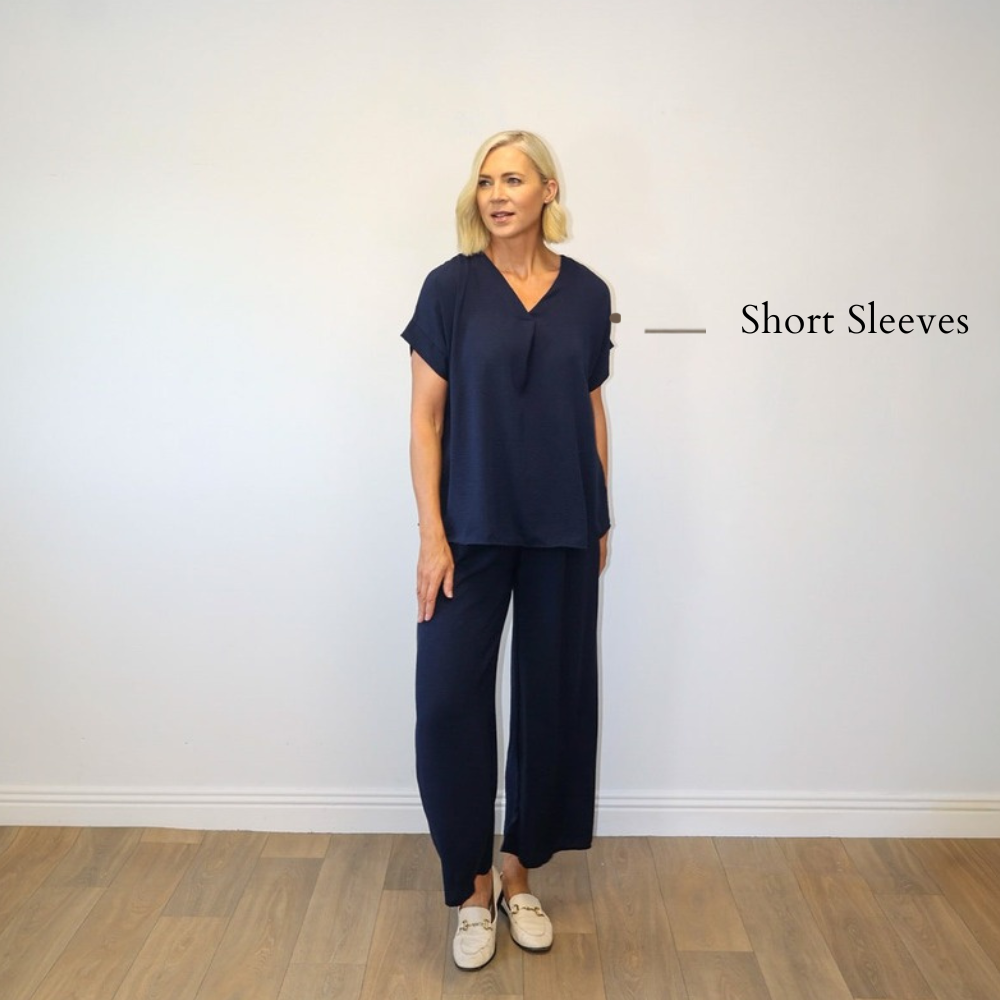 Quinn V-Neck Co-ord (Navy) - Short Sleeves