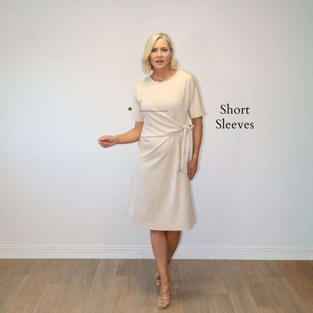 Rosa Knot Front Midi Dress Beige - Short Sleeves