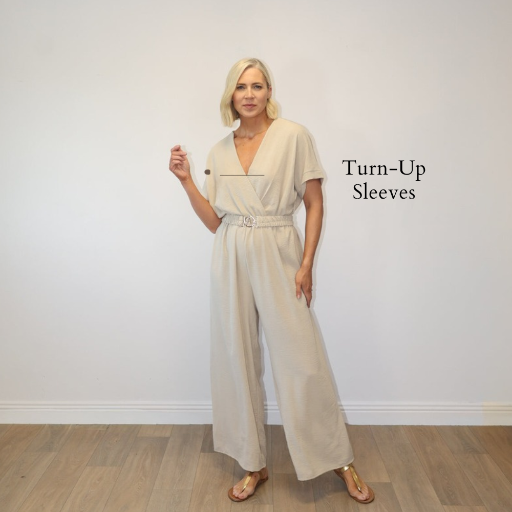 Marbella Belted Jumpsuit Stone - Turn-Up Sleeves
