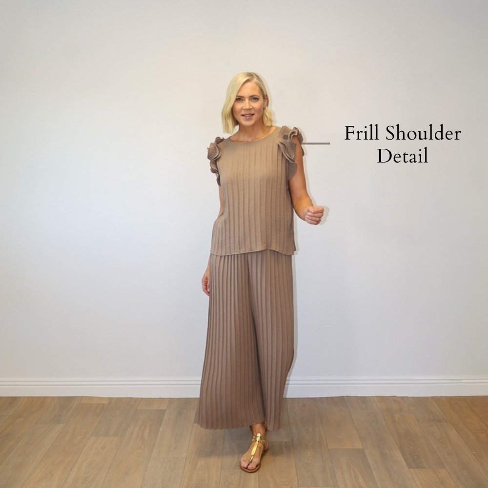 Talia Ribbed Co-ord (Latte) - Frill Shoulder Detail