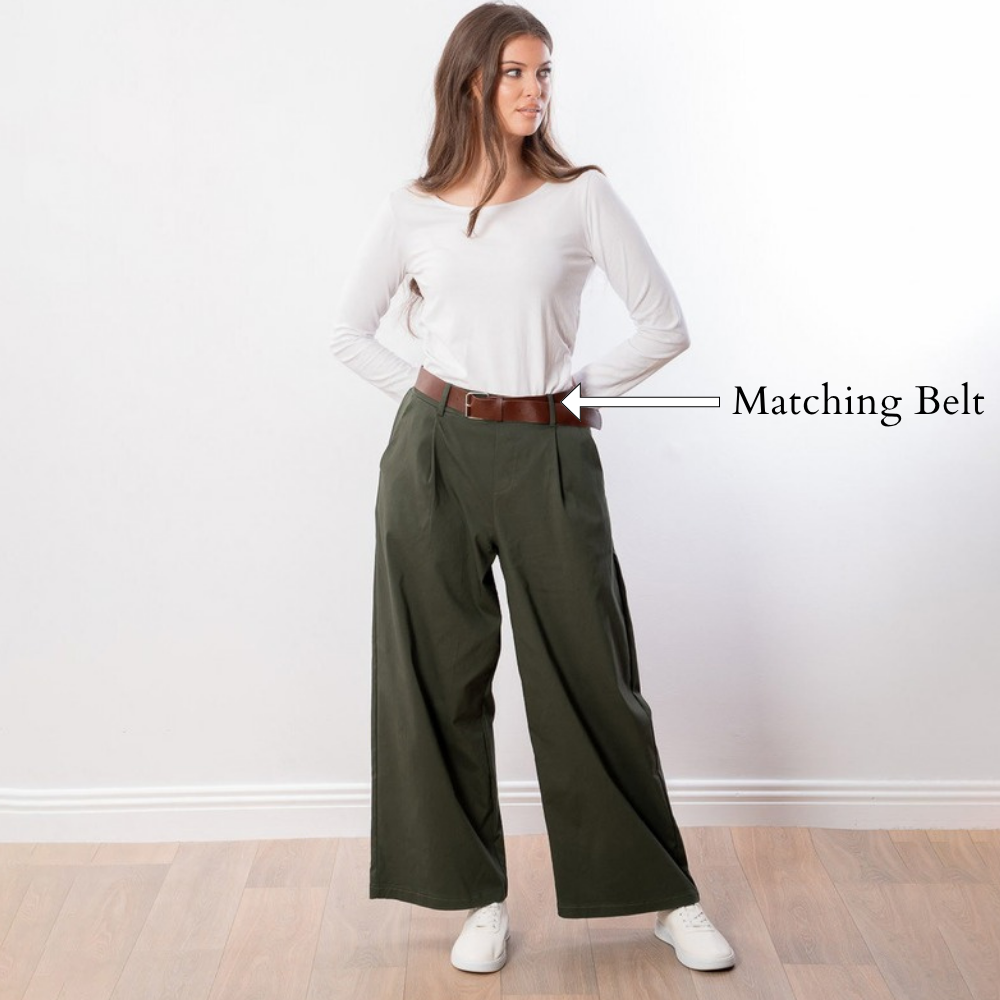 Nora Wide Leg Trousers (Khaki) - Matching Belt