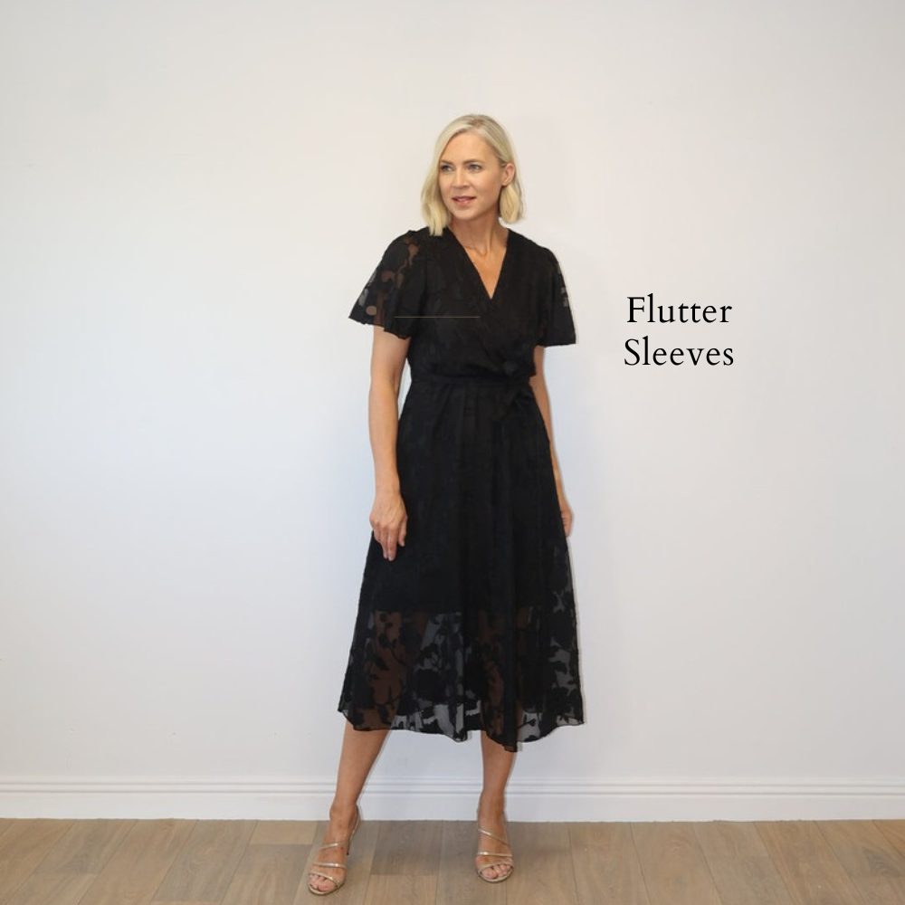 Rosie Floral Wrap Dress Black - Flutter Sleeves