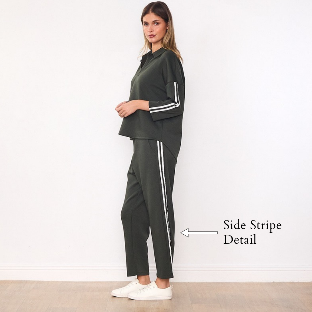Jane Co-ord (Khaki & White Stripe) - Side Stripe Detail