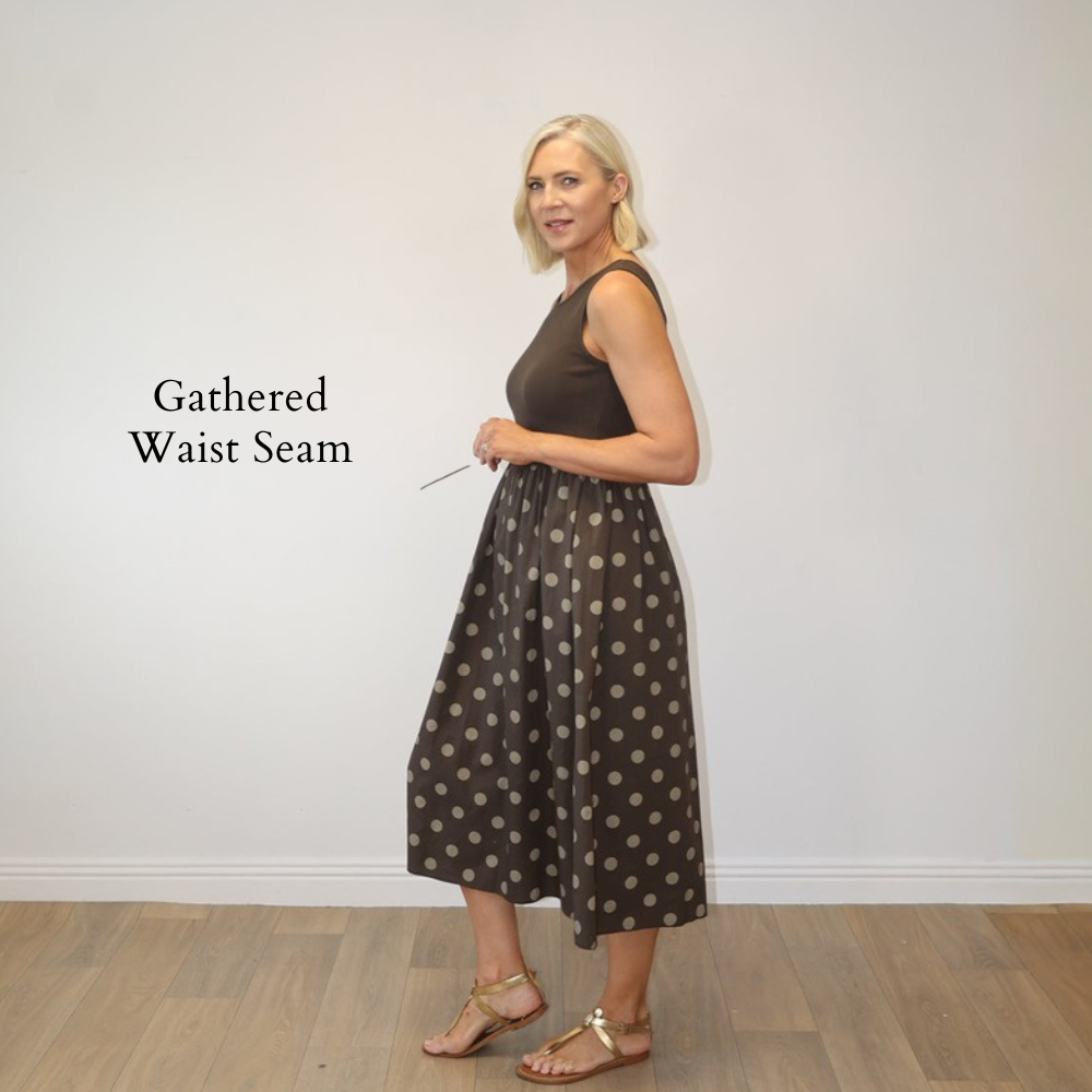 Amara Ribbed Dress Brown Polka Dot - Gathered Waist Seam