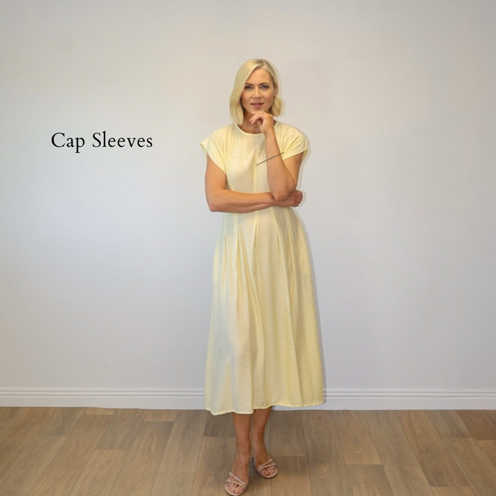 Elise Pleated Midi Dress (Lemon) - Cap Sleeves