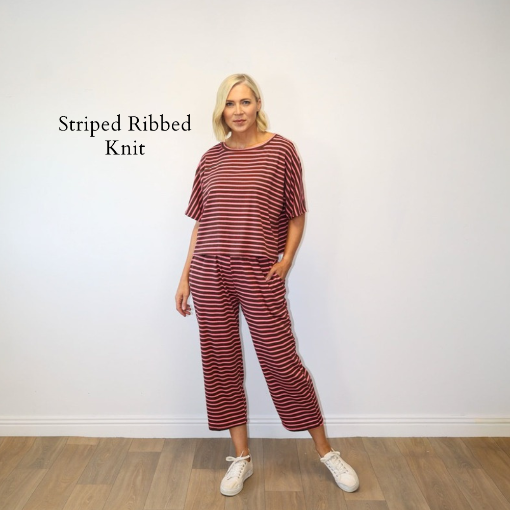Yolanda Co-Ord (Coffee/Pink Stripe) - Striped Ribbed Knit