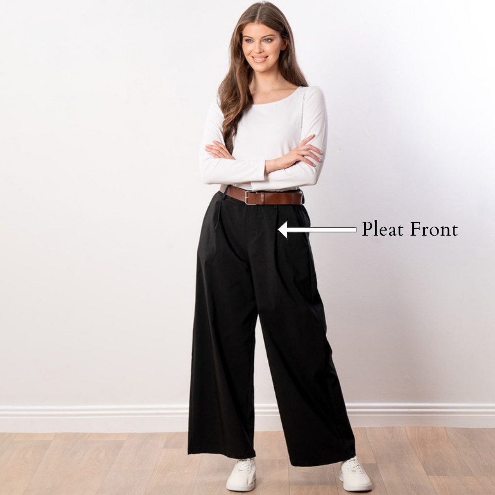 Nora Wide Leg Trousers (Black) - Pleat Front