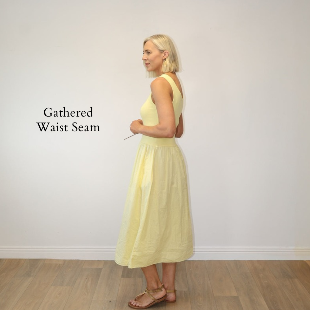 Amara Ribbed Dress Lemon - Gathered Waist Seam