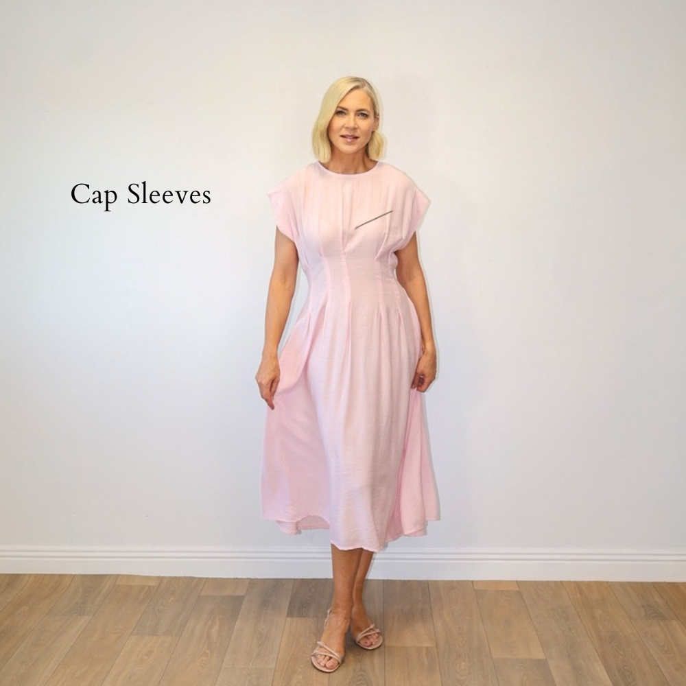 Elise Pleated Midi Dress (Pink) - Cap Sleeves