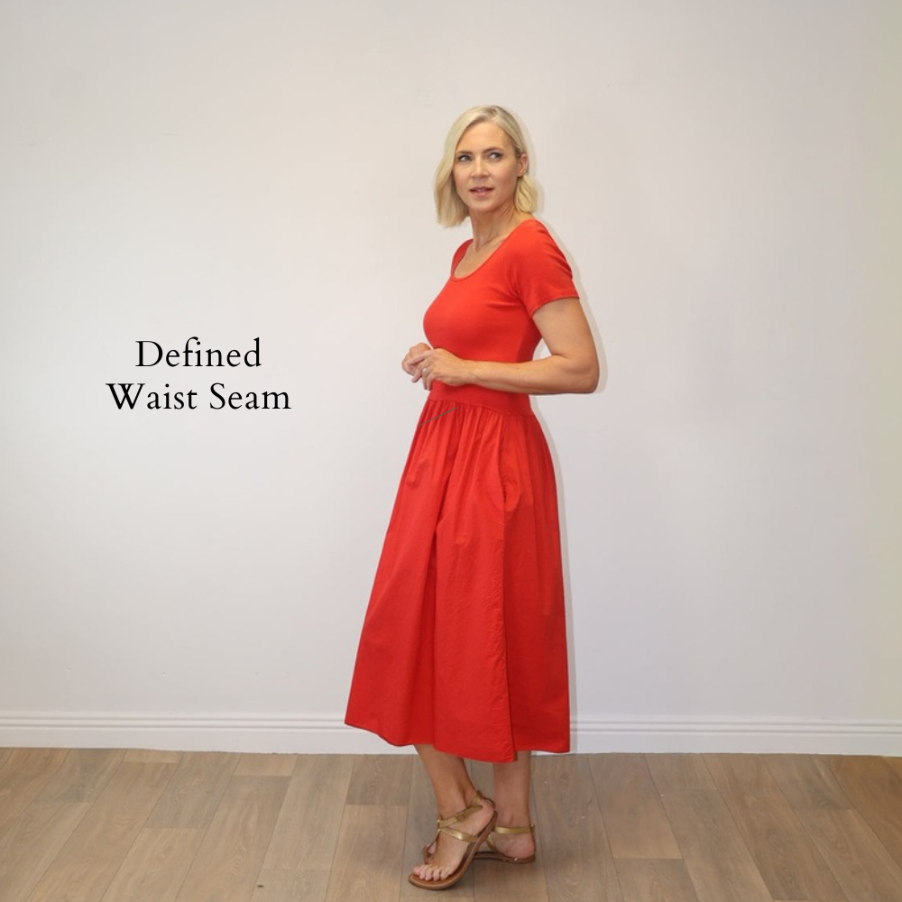 Serena Cap Sleeve Dress Red - Defined Waist Seam