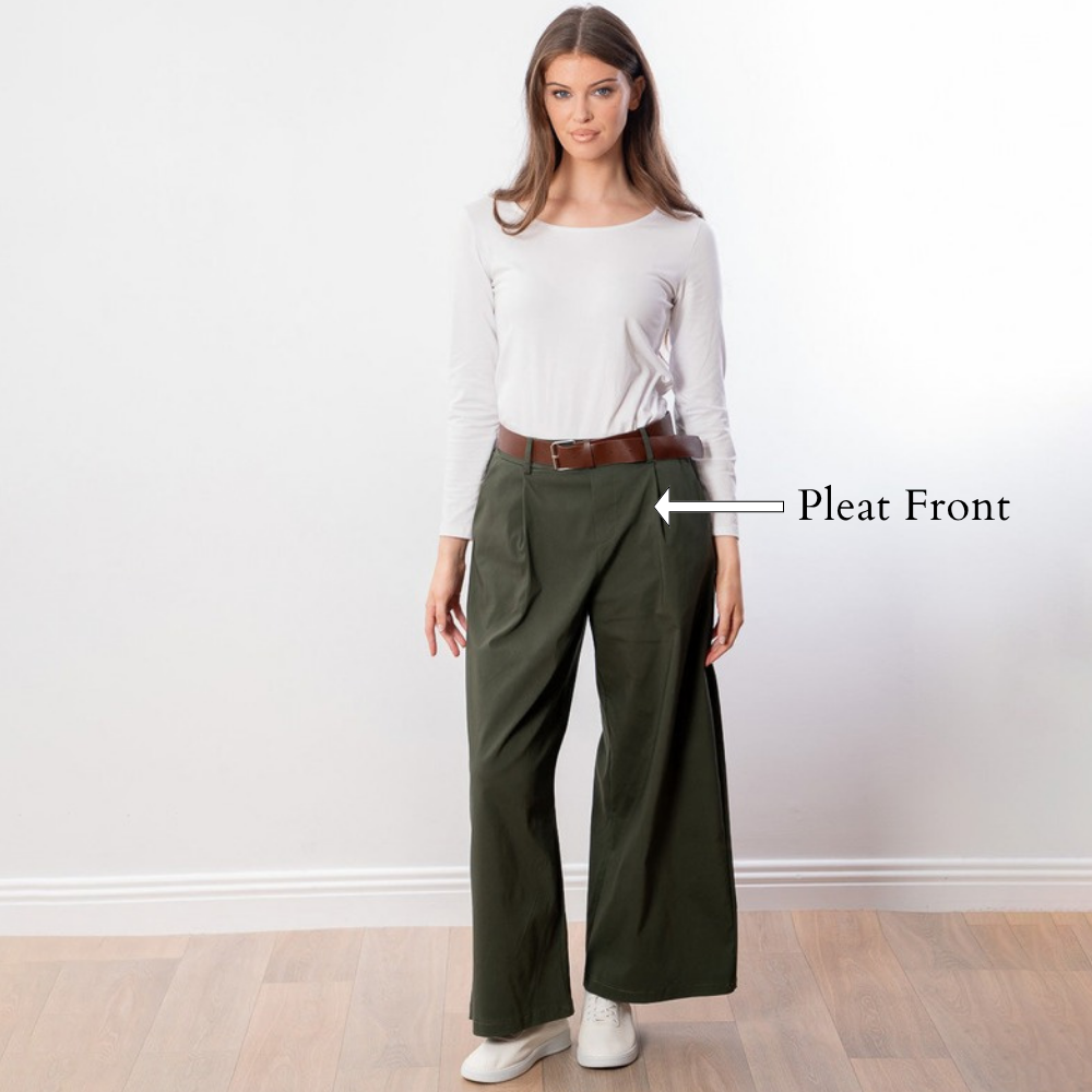 Nora Wide Leg Trousers (Khaki) - Pleat Front