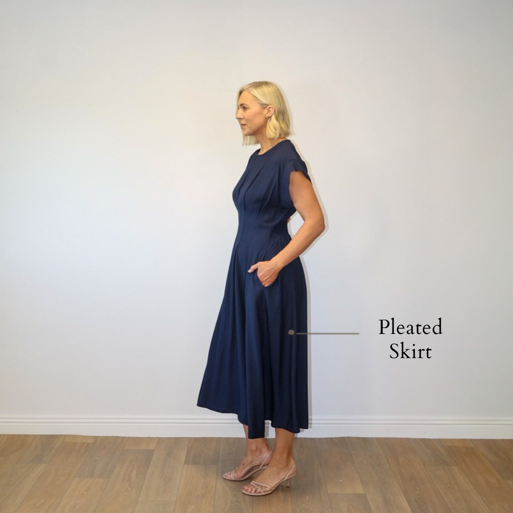 Elise Pleated Midi Dress (Navy) - Pleated Skirt