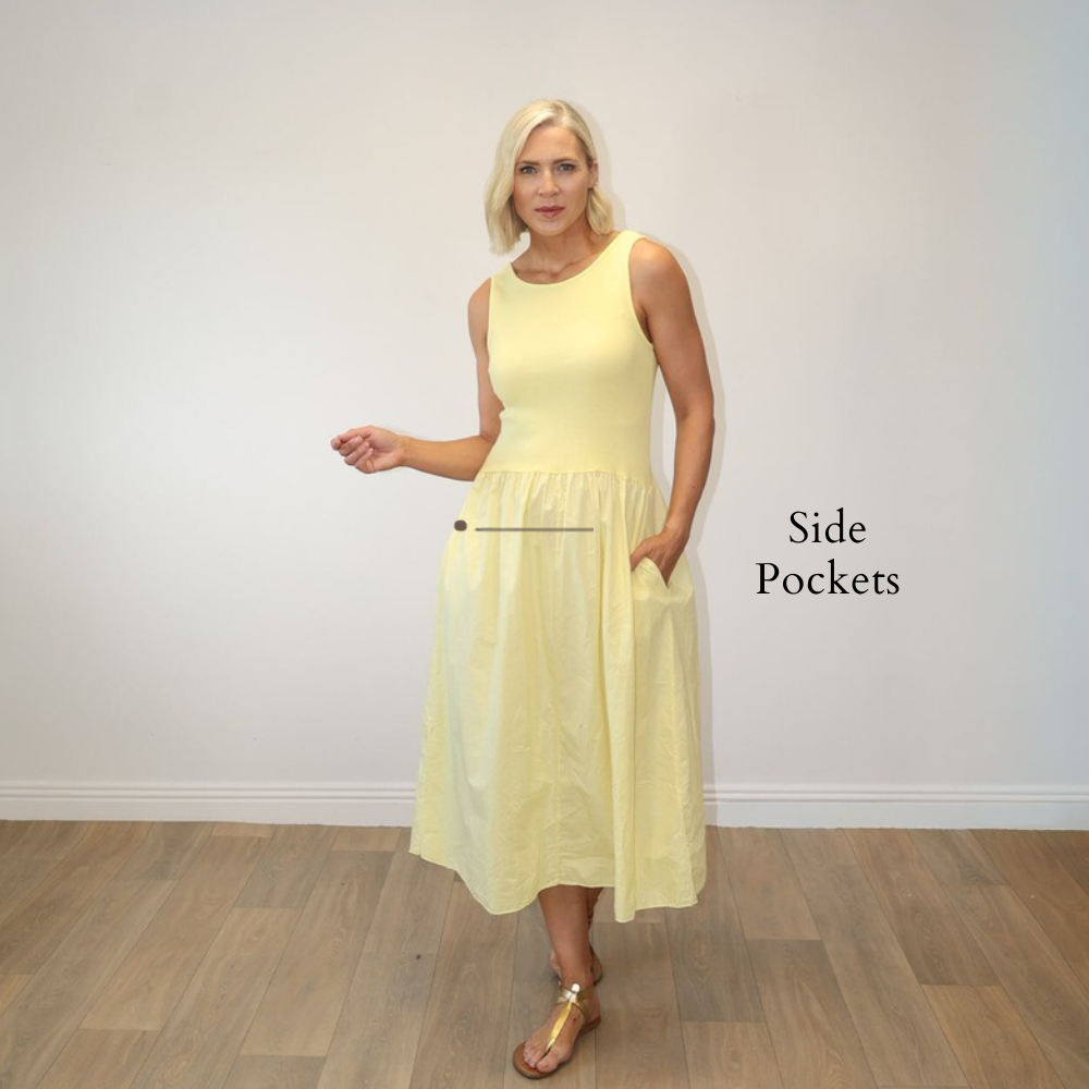 Amara Ribbed Dress Lemon - Side Pockets