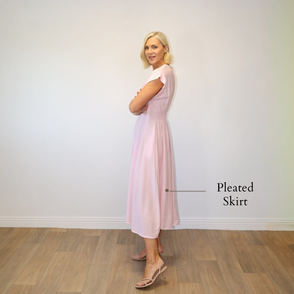 Elise Pleated Midi Dress (Pink) - Pleated Skirt
