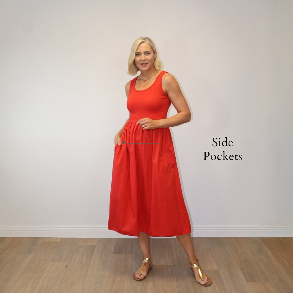 Amara Ribbed Dress Red - Side Pockets