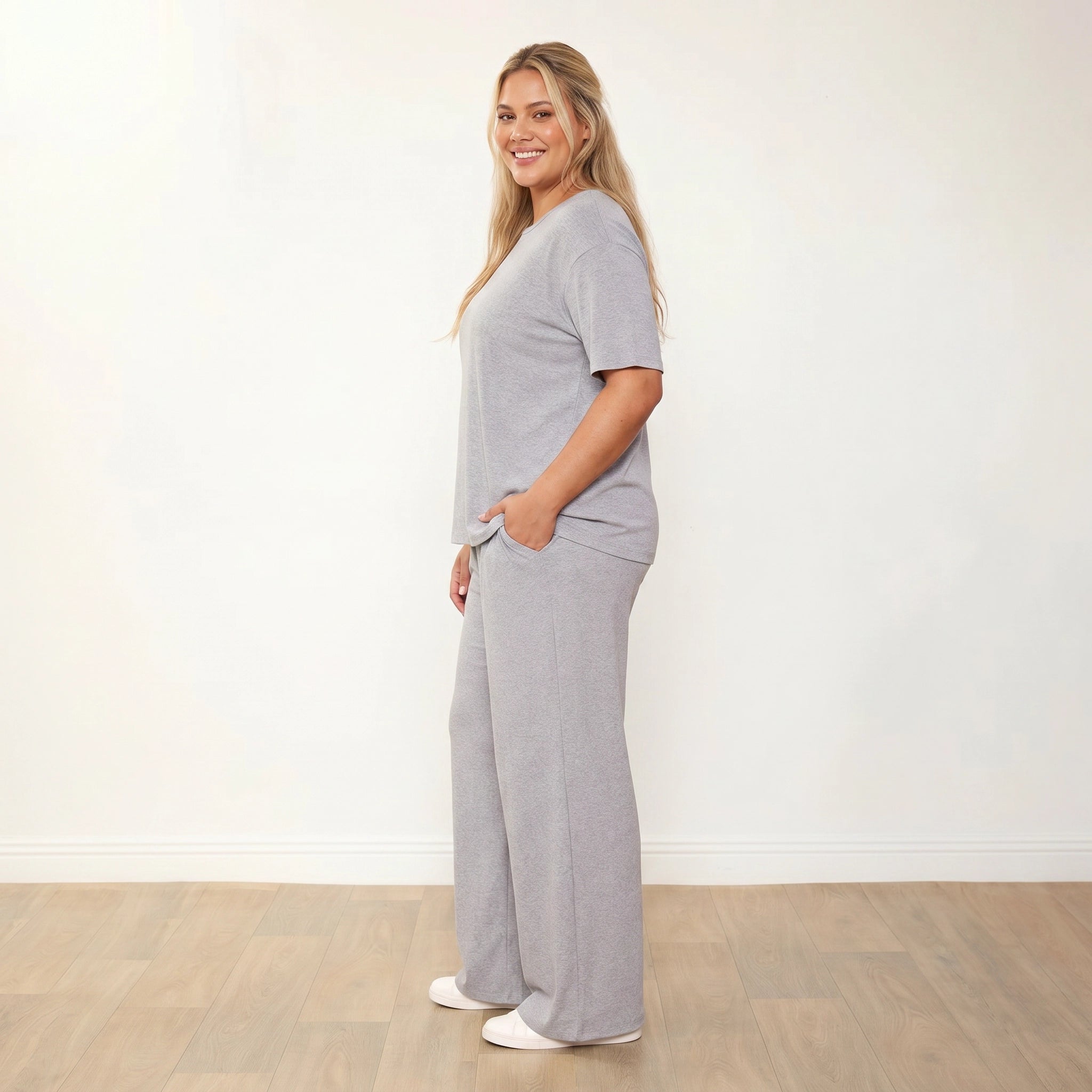 Sally Co-Ord Dove Grey - Plus Size Model XXL - Front, off-camera gaze