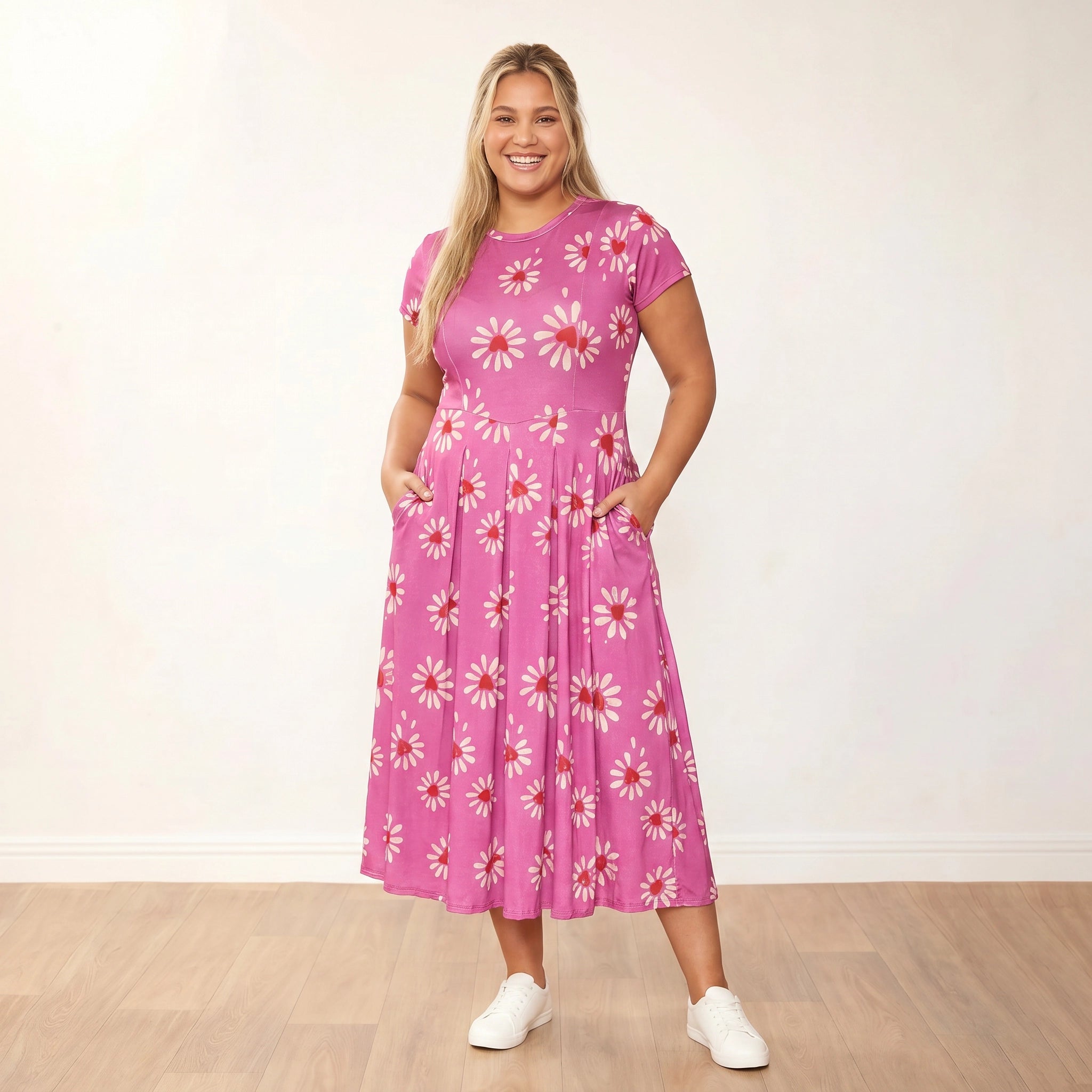 Polly Dress (Berry Daisy) - Plus Size XXL - Front hands in pockets warm smile