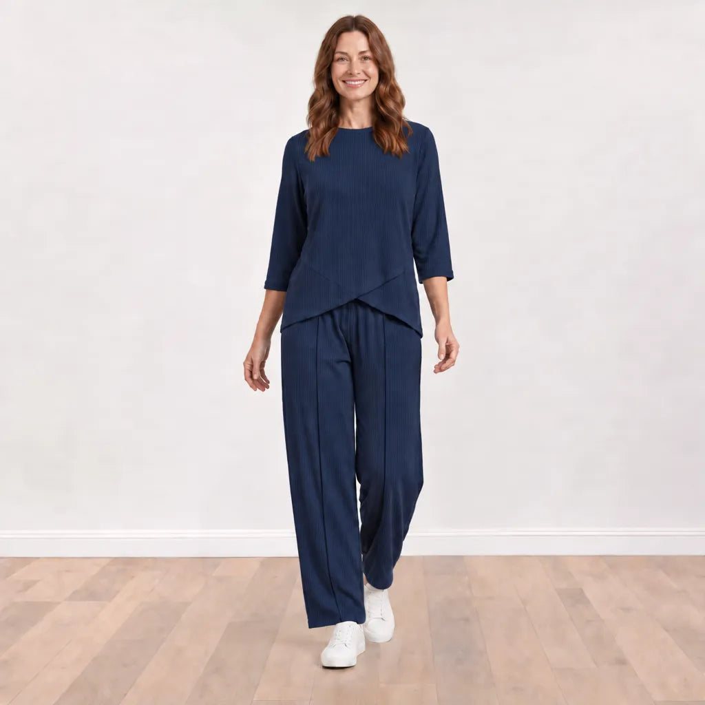 Lily Co-ord in Navy - Front walking view on model Aisling