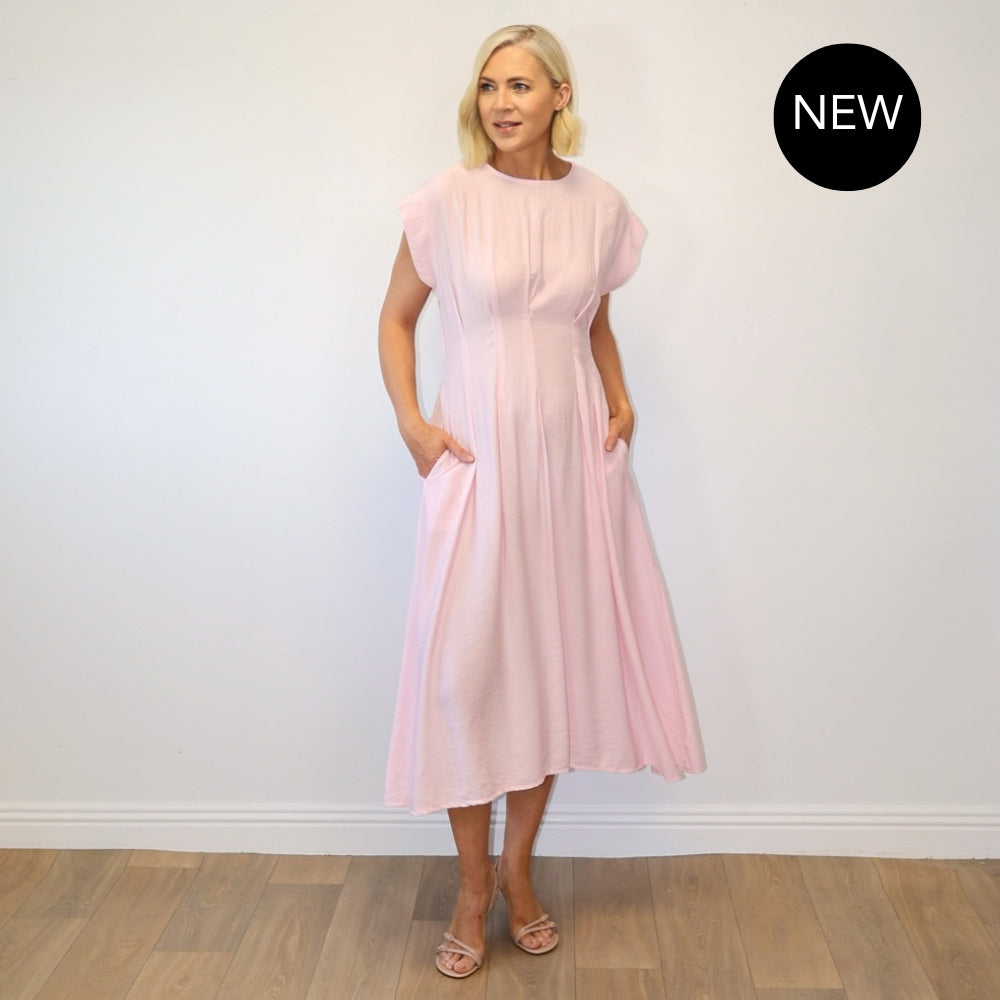 Elise Pleated Midi Dress (Pink)