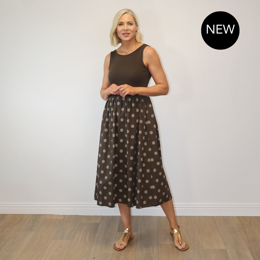 Amara Ribbed Dress (Brown Polka Dot)