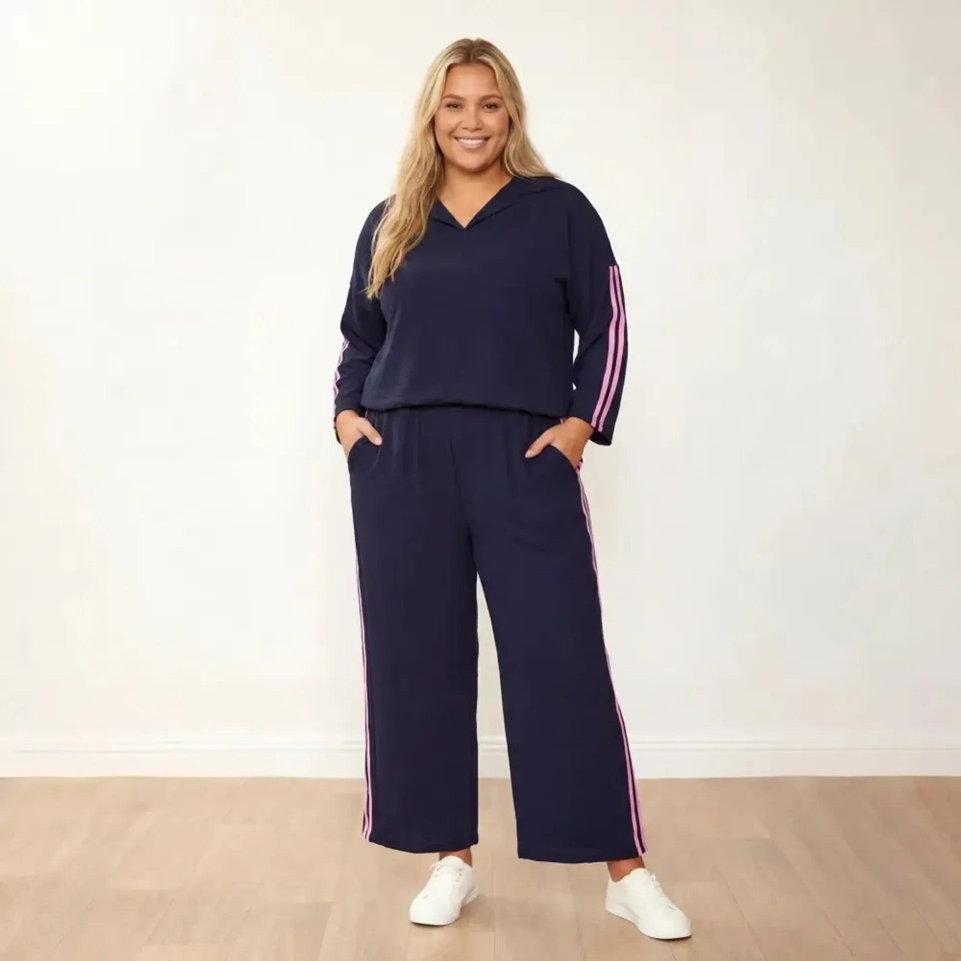 Clara Co-Ord Navy Pink Stripe - Plus Size Model - Front Hands in Pockets