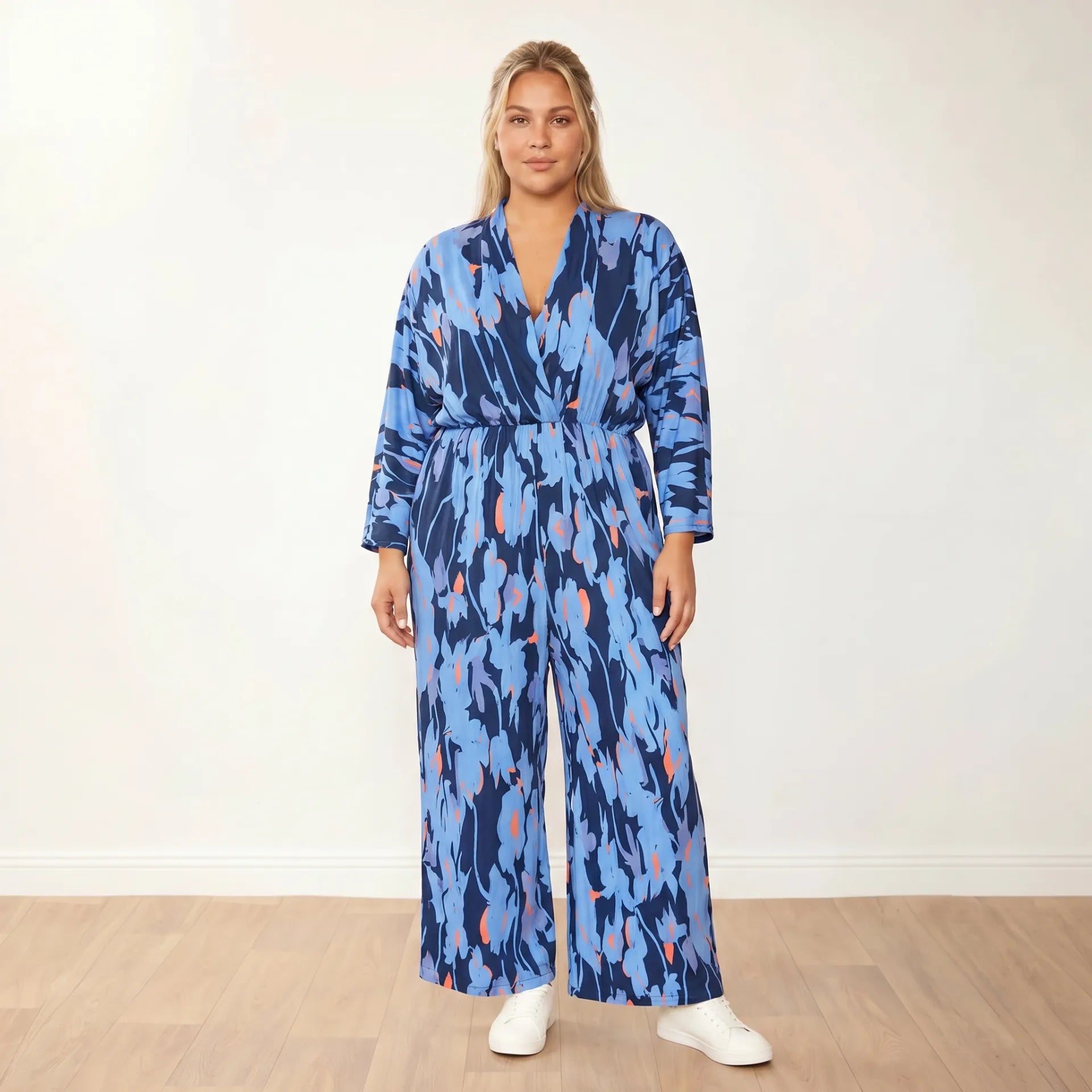 Vogue Jumpsuit in navy and orange abstract print – women's jumpsuit – view 5
