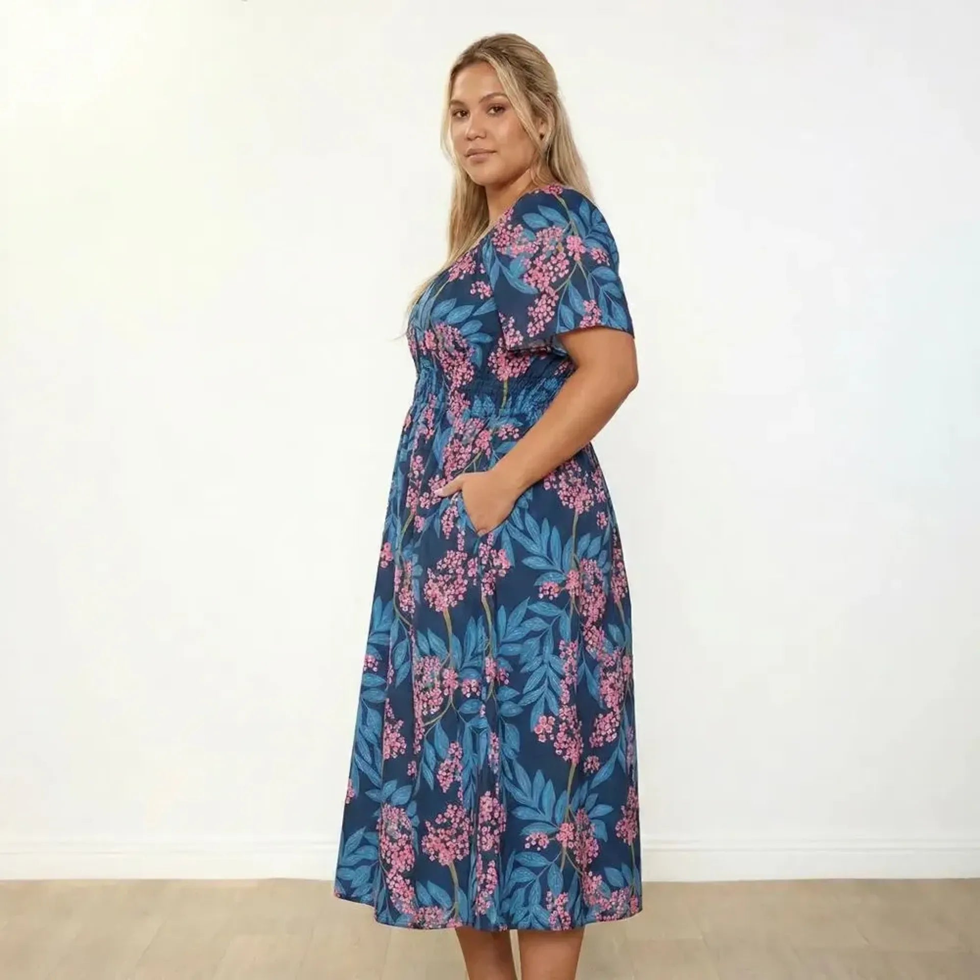 Ciara Dress Navy Berry - Plus Size Side Profile