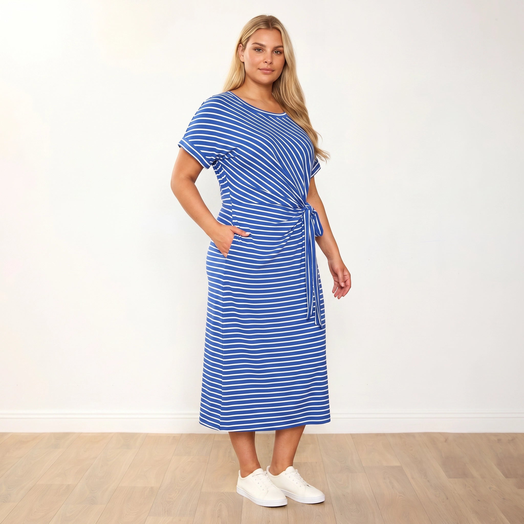 Muriel Dress (Cobalt Stripe) - Eliza plus size model, 3/4 front angle