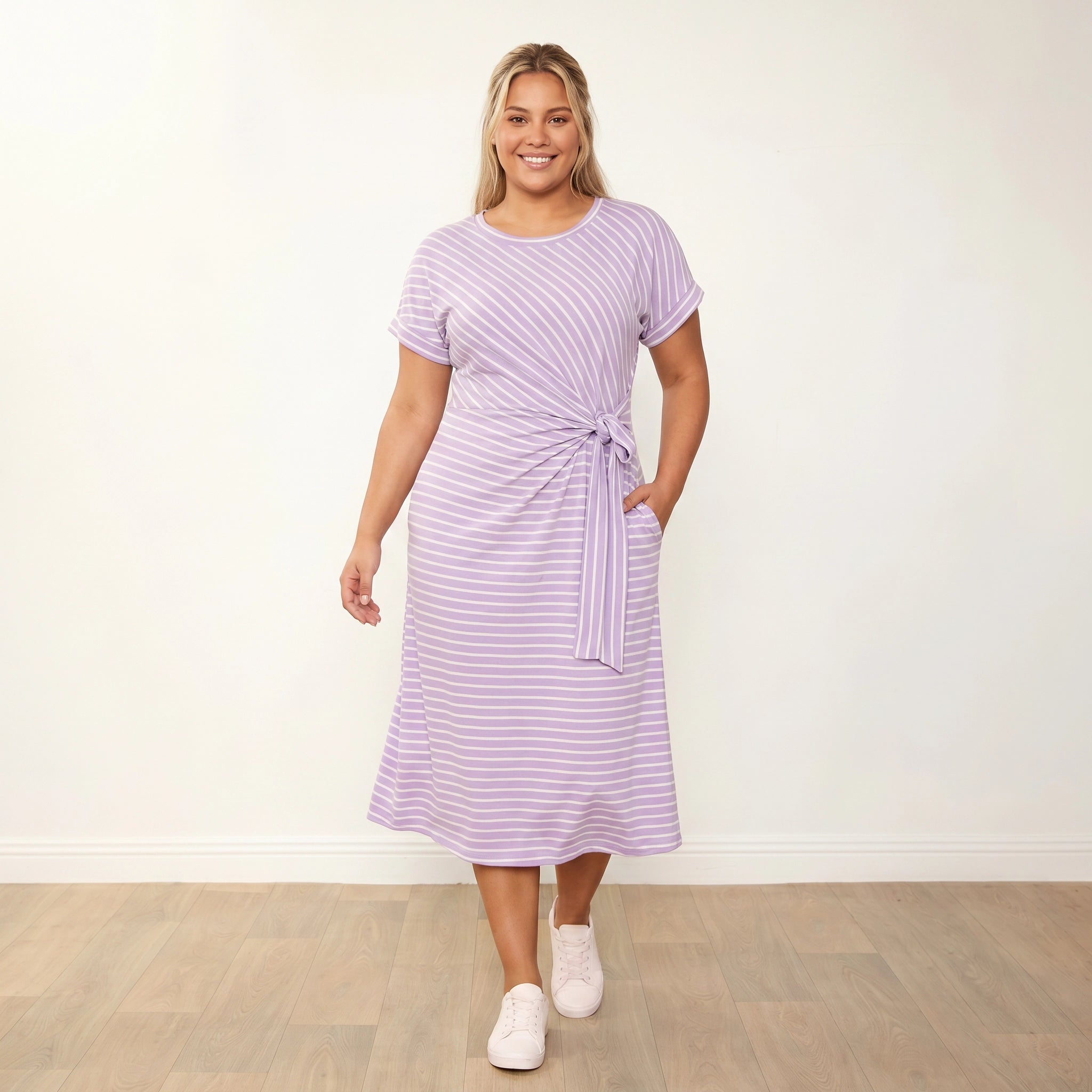 Muriel Dress (Lilac Stripe) - Plus Size XXL - Front, walking movement
