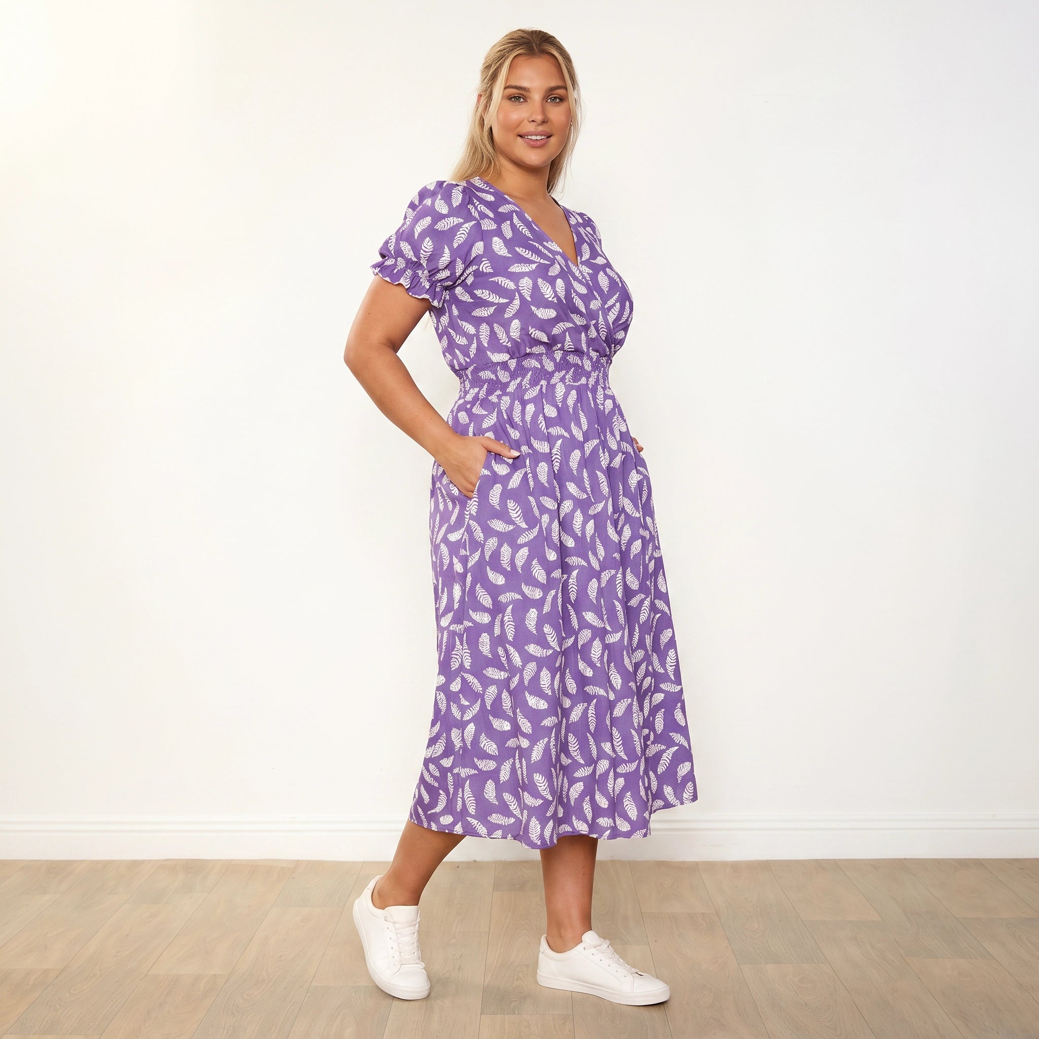 Belle Dress Violet Feather - Plus Size Model XXL, three-quarter angle