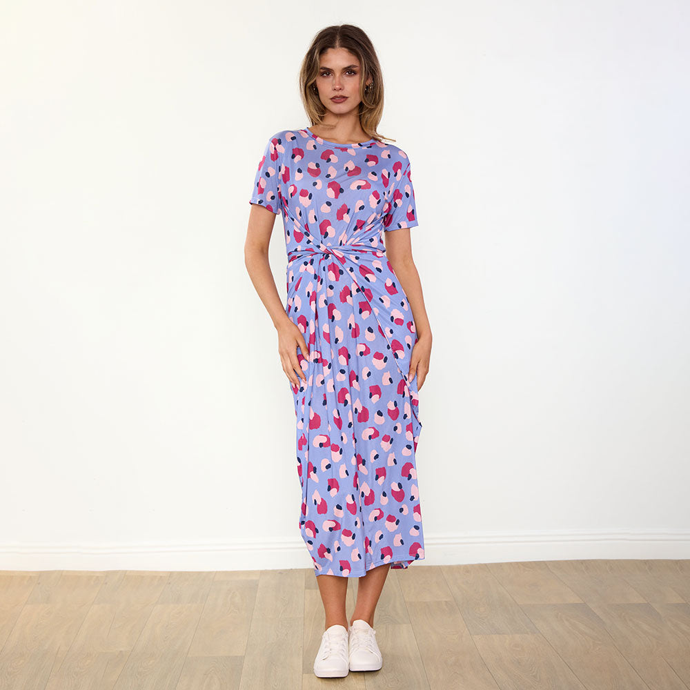 Alana Dress in blue and wine abstract print – women's dress – view 3