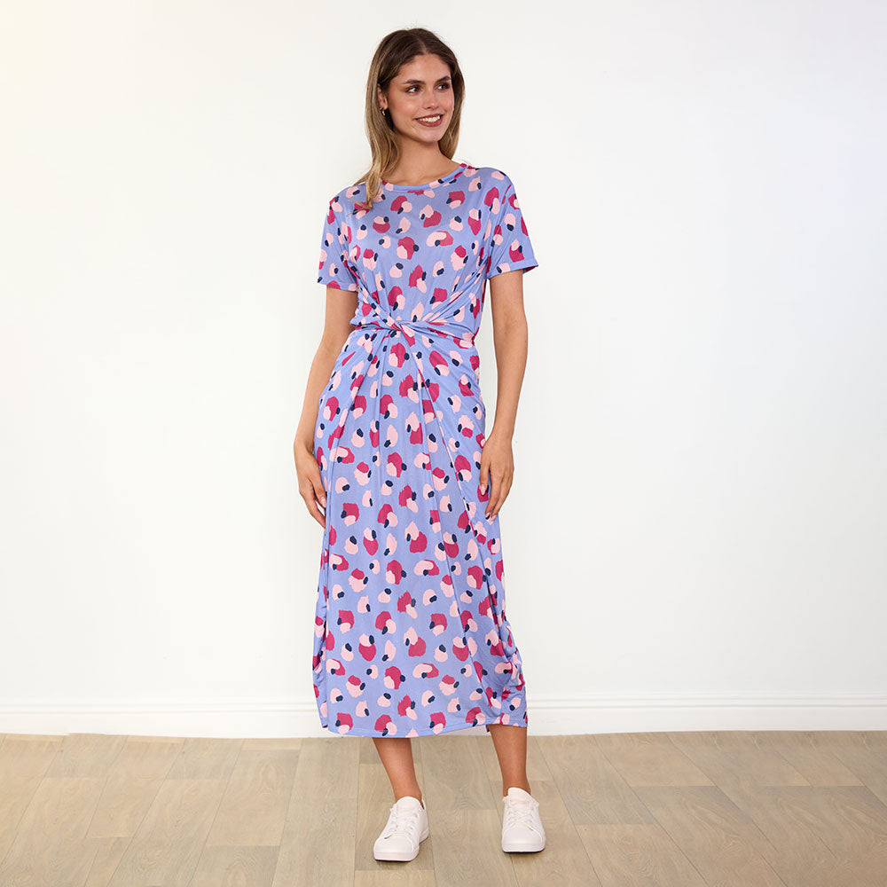 Alana Dress in blue and wine abstract print – women's dress – view 4